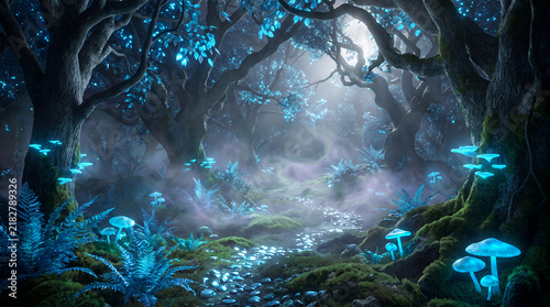 Luminescent blue pathway through misty ancient woods with glowing leaves and magic fungus.