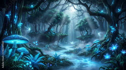 Magical enchanted forest with glowing blue mushrooms and mystical stream at night scene.