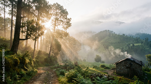 Remote stone cottage nestled in foggy mountain valley with sunlit pine forest landscape.