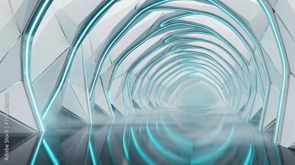 Obraz premium futuristic sci-fi tunnel with blue neon lights | modern abstract architecture interior corridor | 3d render high-tech spaceship hallway | white geometric portal with fog