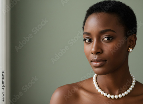 Woman with cropped hair wearing a classic white pearl strand and pearl studs in rose gold, set against a muted sage backdrop with soft window light that highlights the jewellery shine