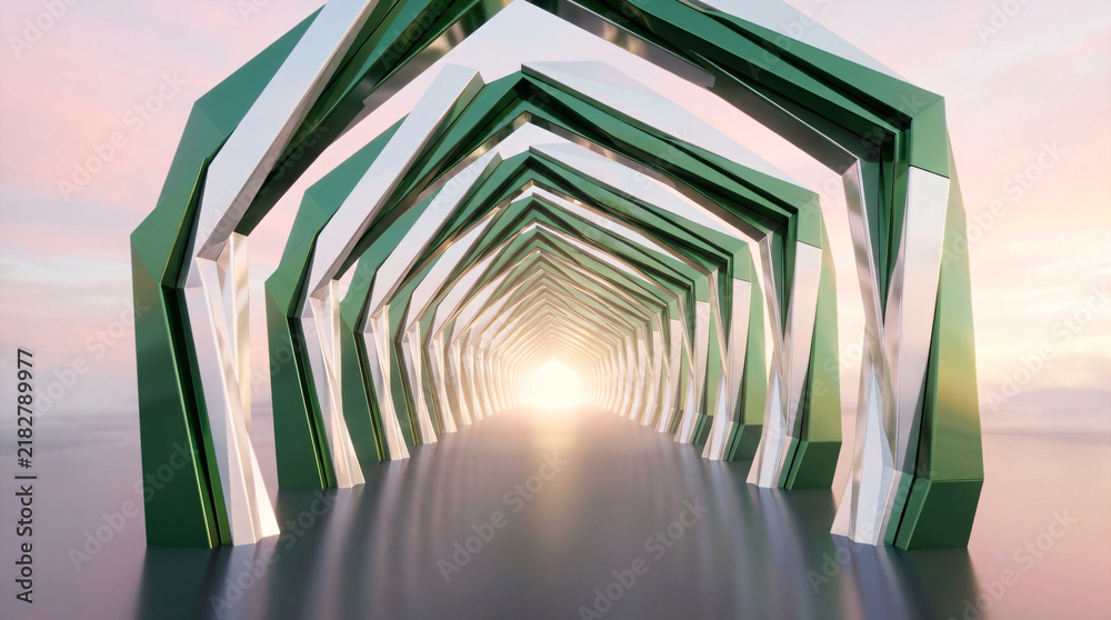 Obraz premium Futuristic geometric tunnel architecture background | Abstract 3D render of green and white metallic arches | Modern digital art corridor leading to bright light | Spatial design for innovation