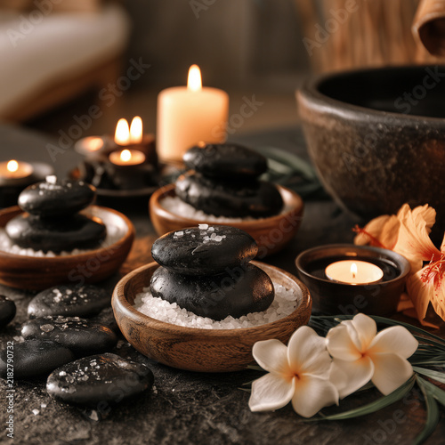 Luxury Spa Still Life with Black Stones, Sea Salt and Candles