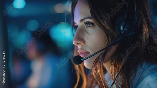 Portrait of a focused female customer service representative wearing a headset in a modern office