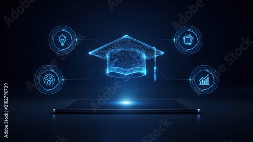 Digital graduation cap with technology icons representing online education and learning