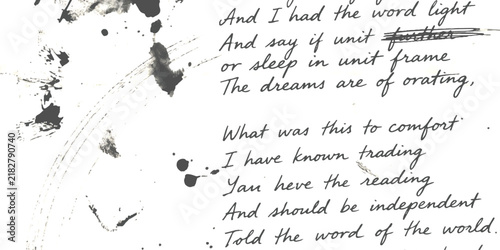 Handwritten poem text on aged paper with dark ink stains and messy artistic splatters