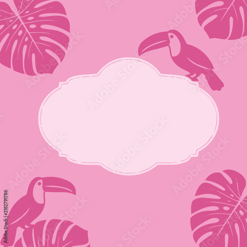 Exotic toucan and monstera leaves border background