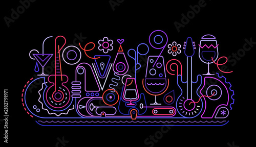 Neon colors line art design isolated on a black background Music And Cocktails graphic illustration. 