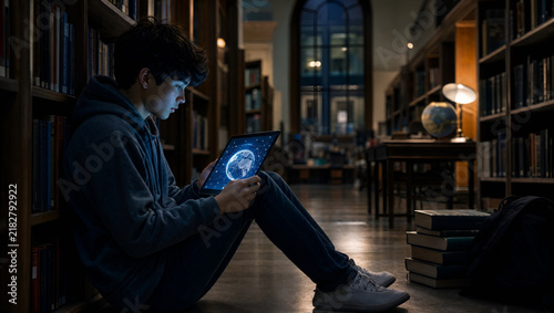 Student on Library Floor Using Tablet Displaying Global AI Network