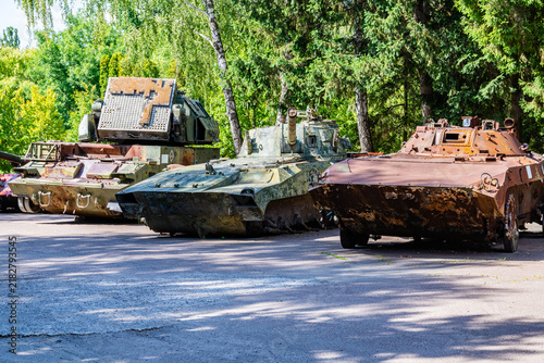 Cuadro en lienzo Destroyed russian military equipment in a city park