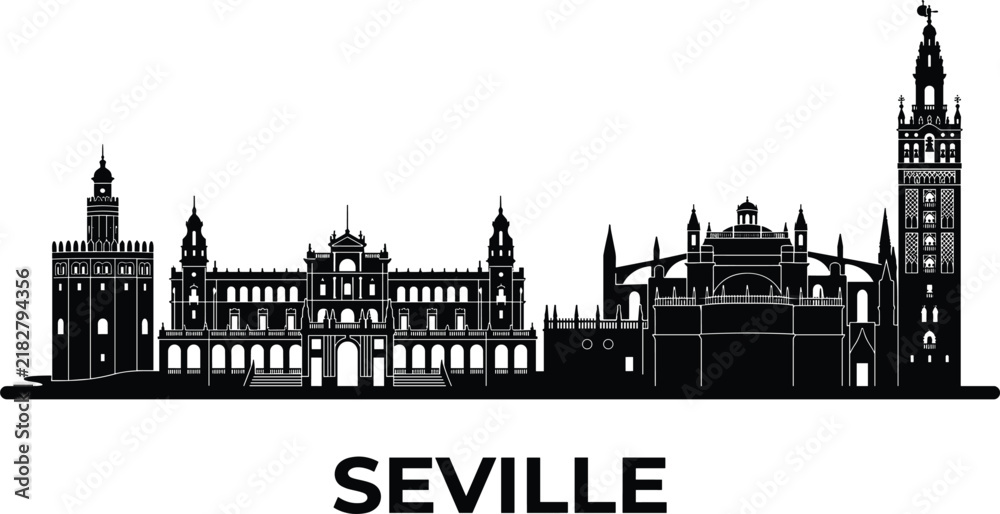 Fototapeta premium Seville city skyline silhouette panorama featuring historic landmark buildings architecture of Spain isolated on white background