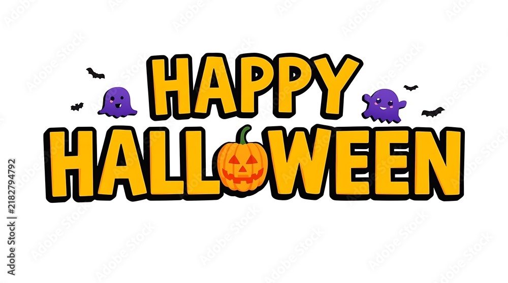 Obraz premium Happy Halloween typography banner with cute cartoon ghosts and pumpkin on white background