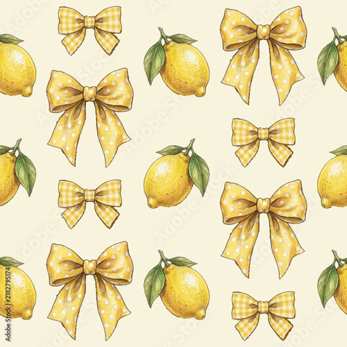  Vintage lemon and yellow ribbon bows seamless pattern background
