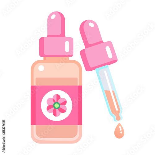 фотографія A cosmetic serum bottle and dropper contain a concentrated liquid for targeted facial skincare, shown in a colorful flat spa icon style on white