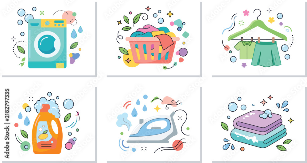Naklejka premium Laundry service icons set with washing machine, detergent, and clothes. Colorful 3D style illustrations with bubbles and botanical elements for cleaning business branding, web design and social media