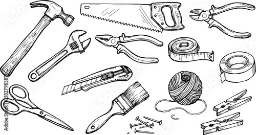 Hand-drawn workshop tools collection with hammer saw pliers and tape on white background