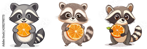 Set of A cute cartoon raccoon holding a bright red apple, sitting happily on transparent png background