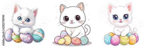 Set of A peaceful white cat curled up, peacefully sleeping atop a large, colorful Easter egg surrounded by soft pastel-colored flowers the window on transparent png background