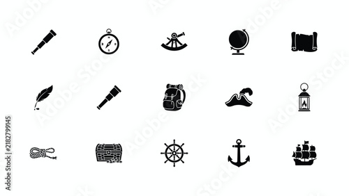 Canvas Print Black and white icons representing classic exploration tools and nautical advent
