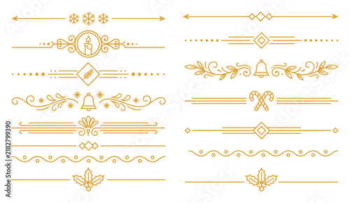 Christmas gold ornament borders set with festive elements for holiday card decorations.
