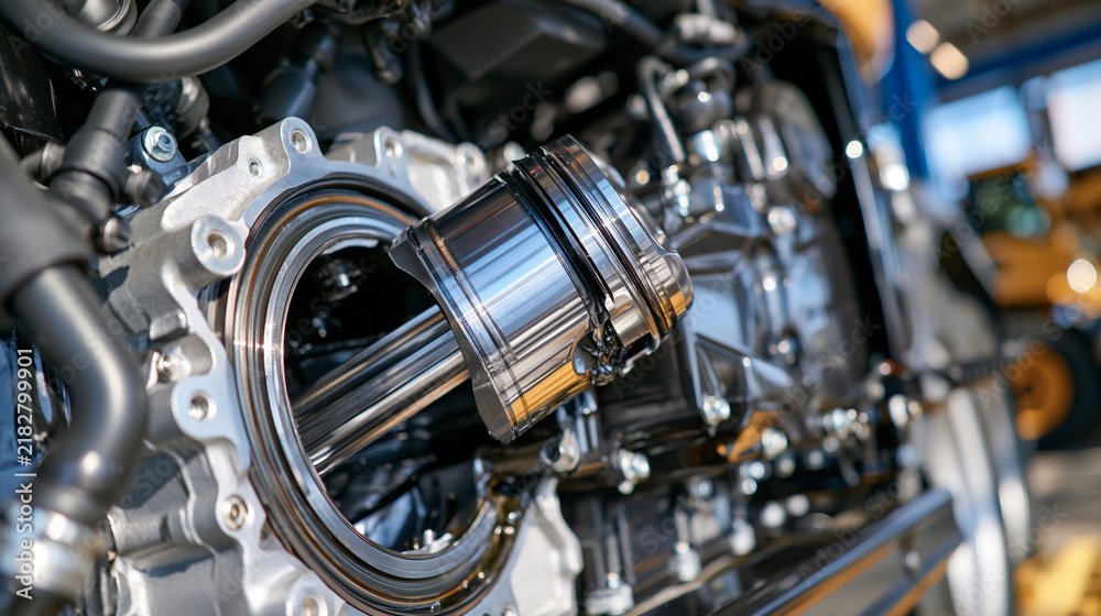 Fototapeta premium Close up detail of a hydraulic piston sliding smoothly within a precision honed steel cylinder bore on a modern heavy machine, faint hydraulic fluid sheen visible along the polished piston surface, 