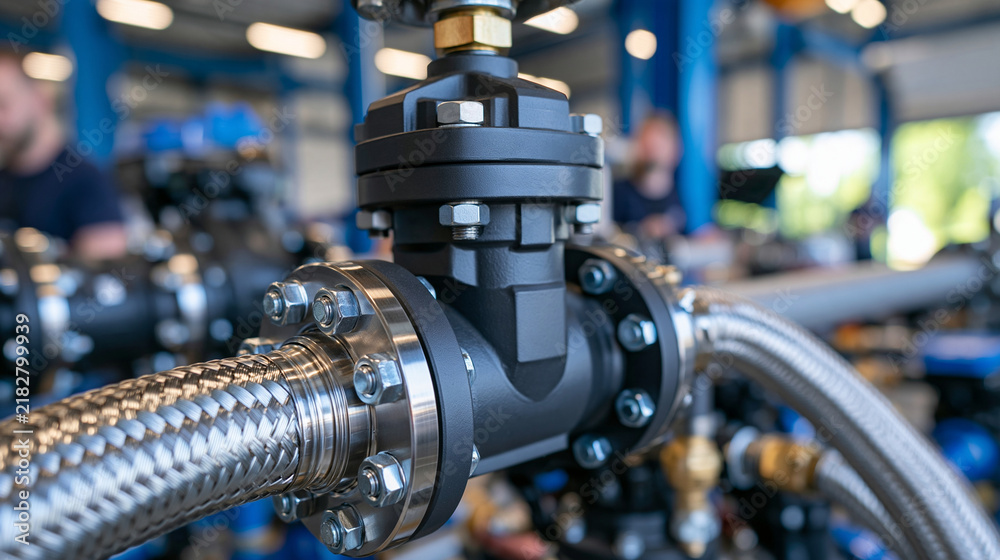 Fototapeta premium Close up of a metal pipe fitted with a matte black industrial valve and flexible braided stainless steel hose, crisp machined threads clearly visible on the fittings, bright indoor workshop lighting