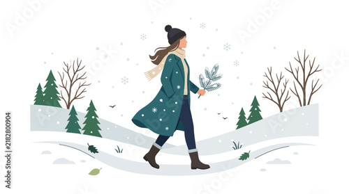 Woman walking through winter landscape a flat vector illustration