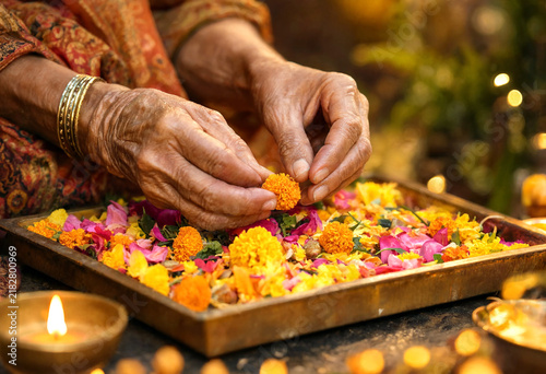 Elderly hands arranging colorful flower petals in a metal tray during a religious ritual ceremony
