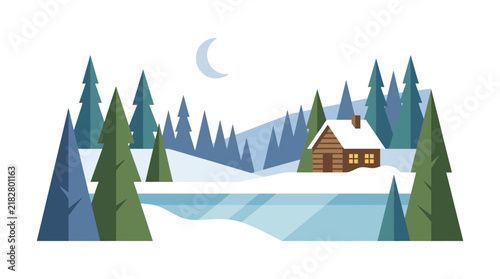 Winter landscape with cabin and evergreen trees is a vector illustration