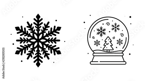 Snowflake and snow globe line drawing on a white background