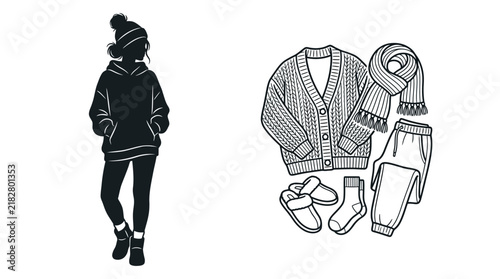 Silhouette of woman in casual wear and folded clothing items on white