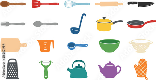 Kitchen utensils icon set with colorful cookware and culinary tools. Minimalist 3D vector illustration elements for food blog branding, restaurant menu design, cooking website and social media