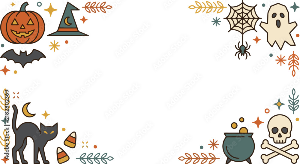 Fototapeta premium Festive halloween border frame with cute hand drawn spooky icons on a plain white background