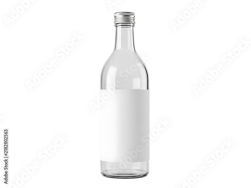 A clear glass beverage bottle with a blank white label and metal screw cap