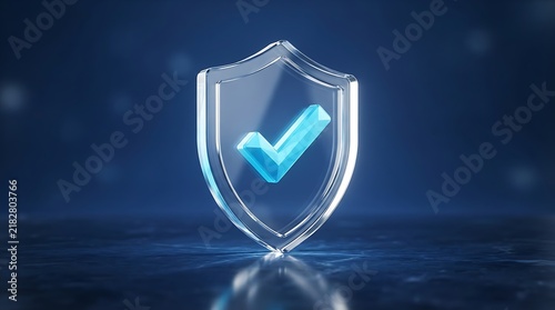 3d glossy shield icon with a blue check mark for data security and protection