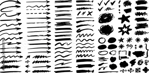 Set of isolated hand drawn doodle arrows and messy ink strokes with messy lines graphic elements design assets sketches scribbles artistic creative pointing