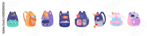 School backpack with colorful books and stationery supplies for students. Children school backpacks vector illustration set. Back to school education concept, Vector illustrations set.