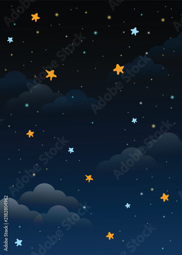 Cute Night Sky Background with Colorful Stars and Clouds Vector Illustration