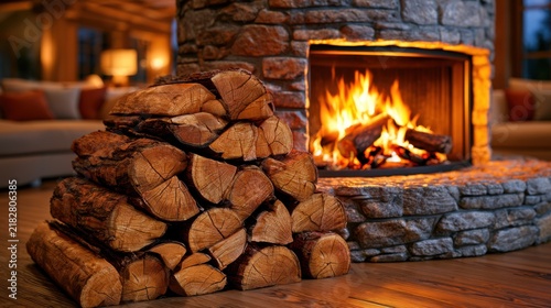 A stack of firewood beside a glowing stone fireplace evokes winter warmth and home comfort. Ideal for themes of coziness and rustic living.
