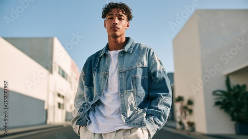 Young Adult Man in Contemporary Patchwork Denim Jacket Posing Outdoors in Urban Environment with Clear Sky