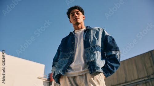 Young Adult Man in Contemporary Patchwork Denim Jacket Posing Outdoor Against Clear Blue Sky