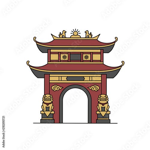 Traditional Chinese Temple Gate with Guardian Lion Statues and Sun Roof Crest
