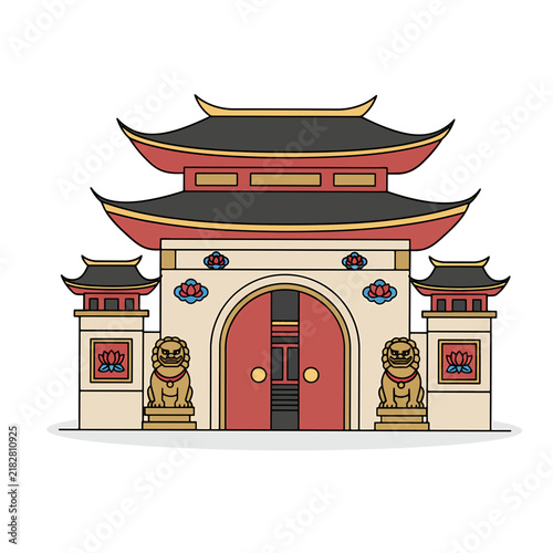 Traditional Asian Temple Entrance with Closed Red Doors and Guardian Lions