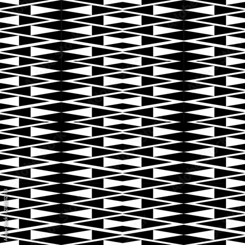 Abstract black and white geometric pattern with repeating horizontal zigzags and overlapping triangular shapes.