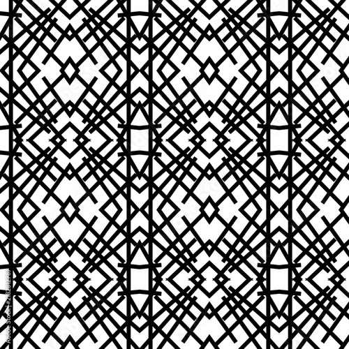 Complex black and white geometric lattice pattern featuring intersecting diagonal lines and diamond grid motifs.