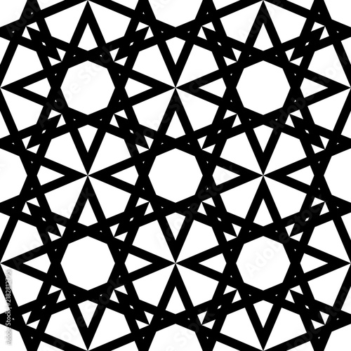 Seamless black and white Islamic geometric pattern featuring star polygons and intersecting line lattice.