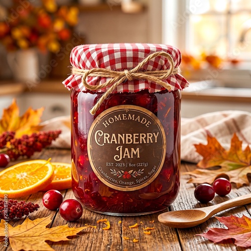 Homemade cranberry jam  in a glass jar topped with a gingham cloth, surrounded by orange slices, cinnamon and fall leaves for a warm, seasonal Thanksgiving or autumn kitchen scene.
