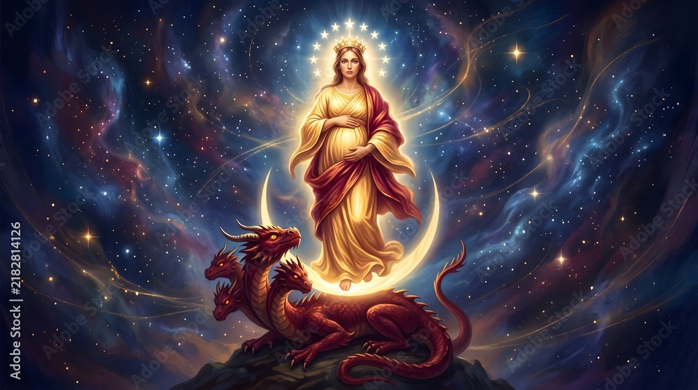 Fototapeta premium Pregnant woman standing on a red dragon in a cosmic space fantasy art composition