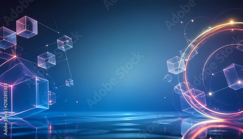 Abstract technological background featuring floating glass cubes and glowing circular light trails abstract design modern technology digital art futuristic