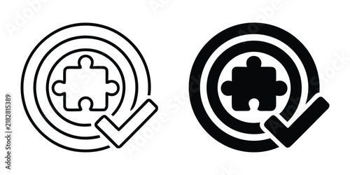 Puzzle piece icon inside a circle target with a check mark symbol for business success and problem solving concept design
